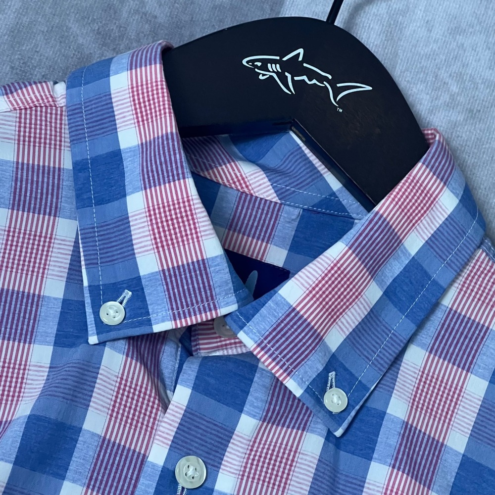 Johnnie-O Prep-Formance Men Medium Plaid Button Down Shirt Blue Red Bamboo Blend